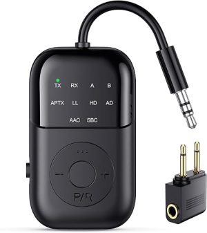Bluetooth Transmitter Receiver, 2-in-1 Bluetooth 5.4 Adapter for TV, Airplane, Gym Equipment, Cars, PC, Supports to 2 Wireless Headphones, Cell Phones, Wireless Receiver for Car, Home Stereo- Black