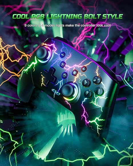 Switch Controller Compatible with Switch/Switch Lite/Switch OLED/Windows/iOS/Android, RGB Lightning Programmable 1000mAh Wireless Switch Pro Controller with One Key Pairing Wake Up Turbo Vibration - Image 2